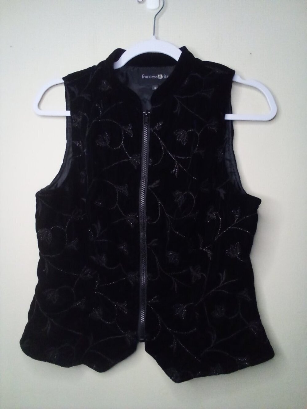 Francess Erita Velvet Vest Women 10 Vintage Full Zip Embroidery Lined Black